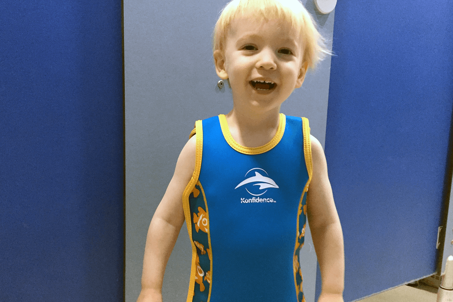 Gabe looking very happy just before his swimming lesson