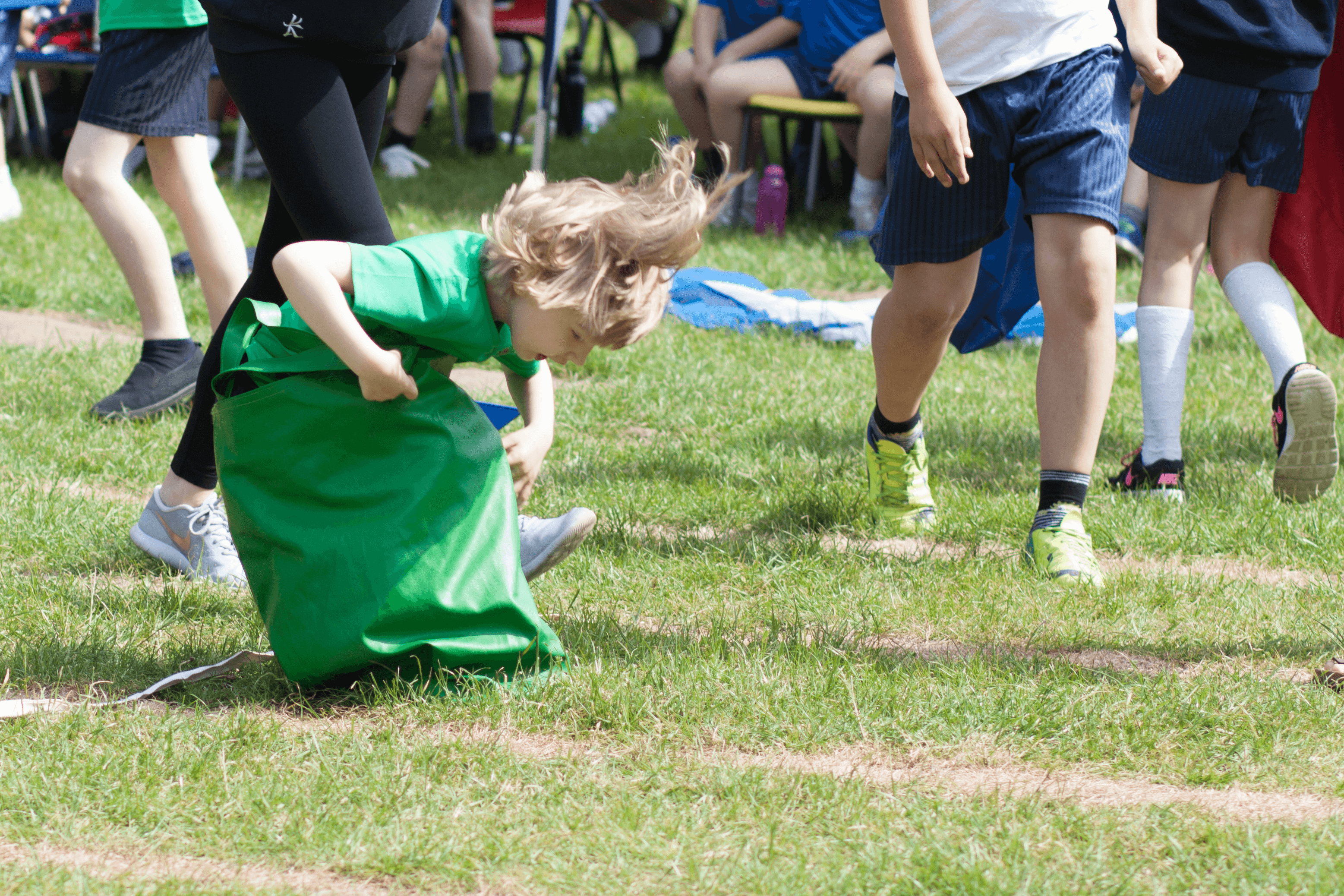 Toby crossing the line in the sack race