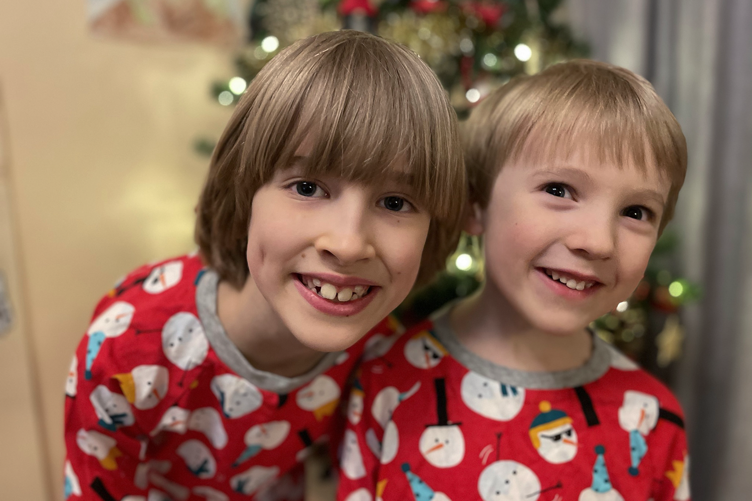 Toby and Gabe in matching pyjamas on Christmas Eve