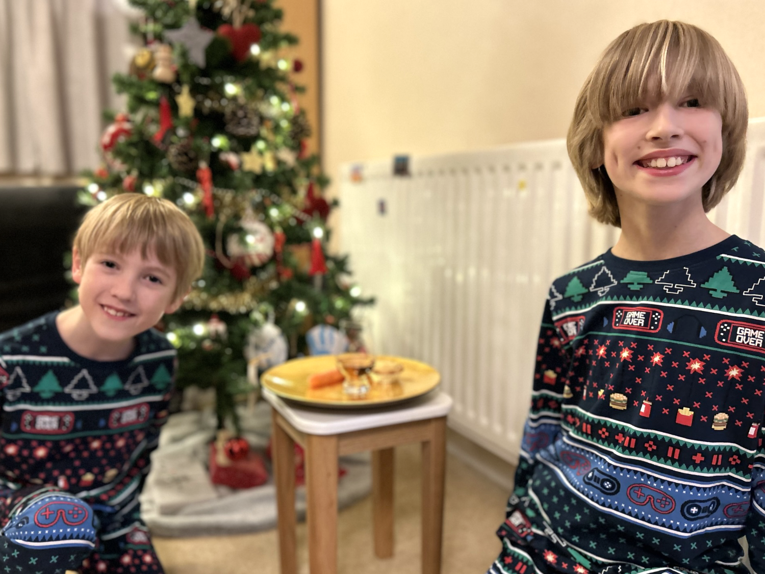 Toby and Gabe sitting in front of the Christmas tree in matching pyjamas.